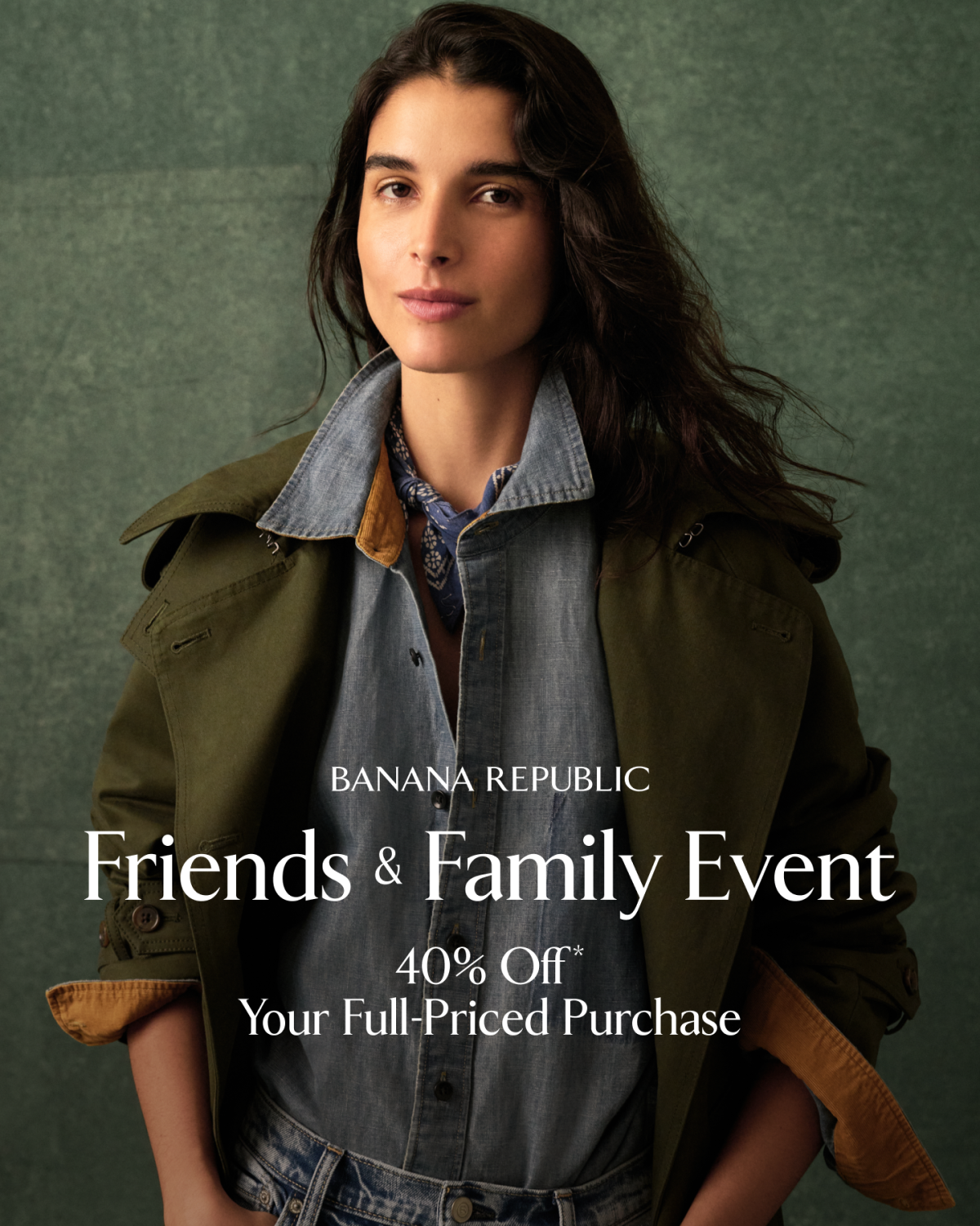 model wearing green jacket and text promoting Banana Republic sale