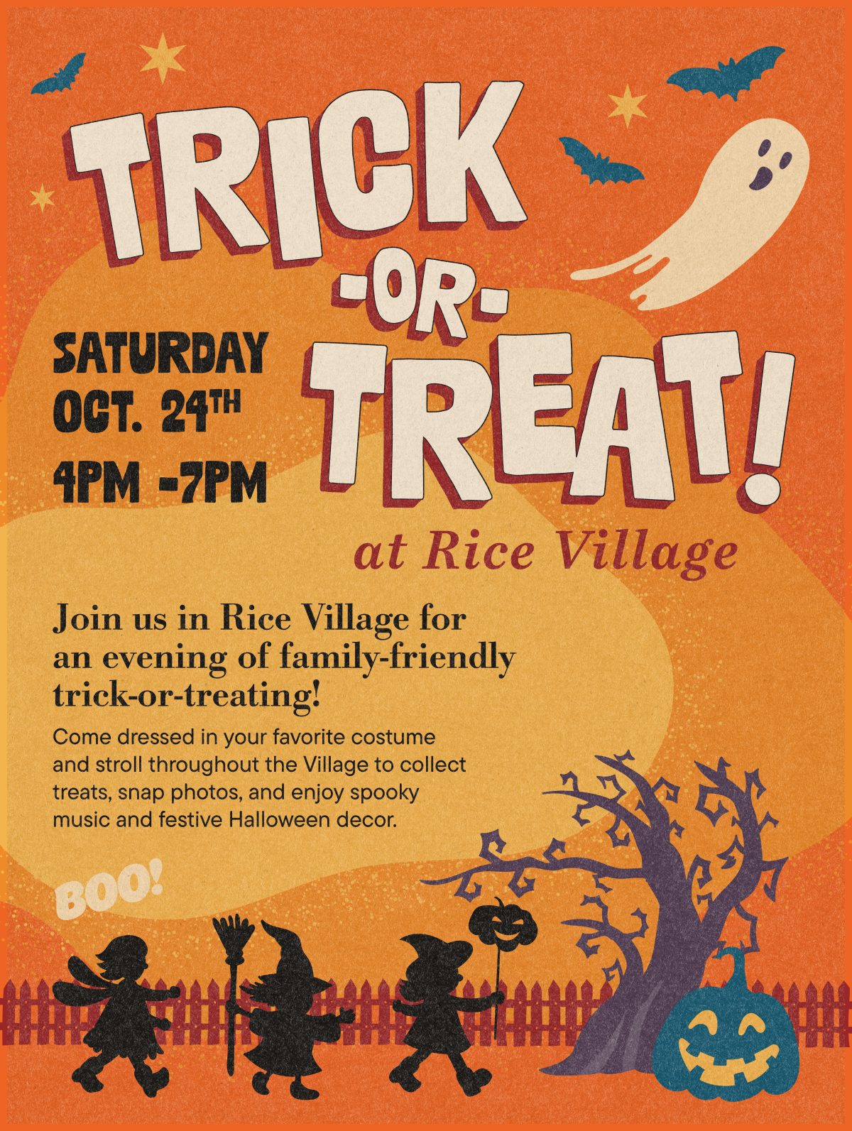 Houston Rice Village Trick-or-Treat fall event banner with Halloween illustrations and event details.