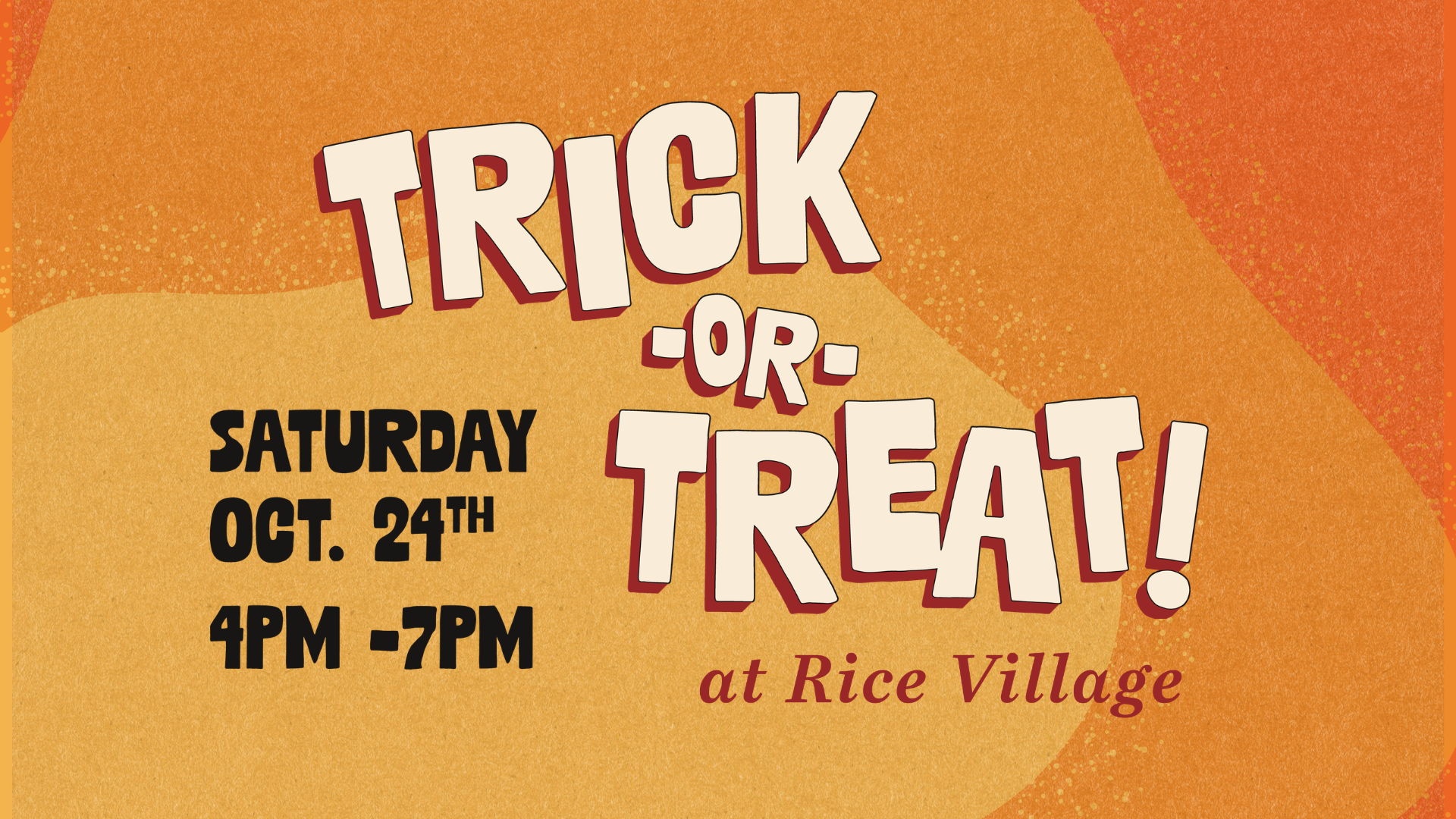 Houston Rice Village Trick-or-Treat fall event banner with Halloween illustrations and event details.