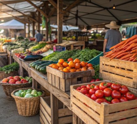 Fresh produce stand with tomatoes, carrots, and vegetables in wooden crates.