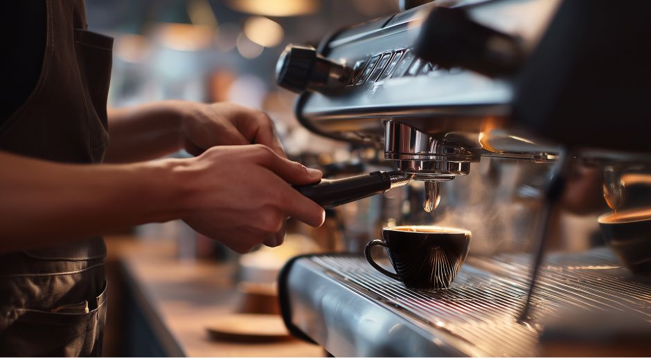 Barista pulling an espresso shot into a cup on a coffee machine.